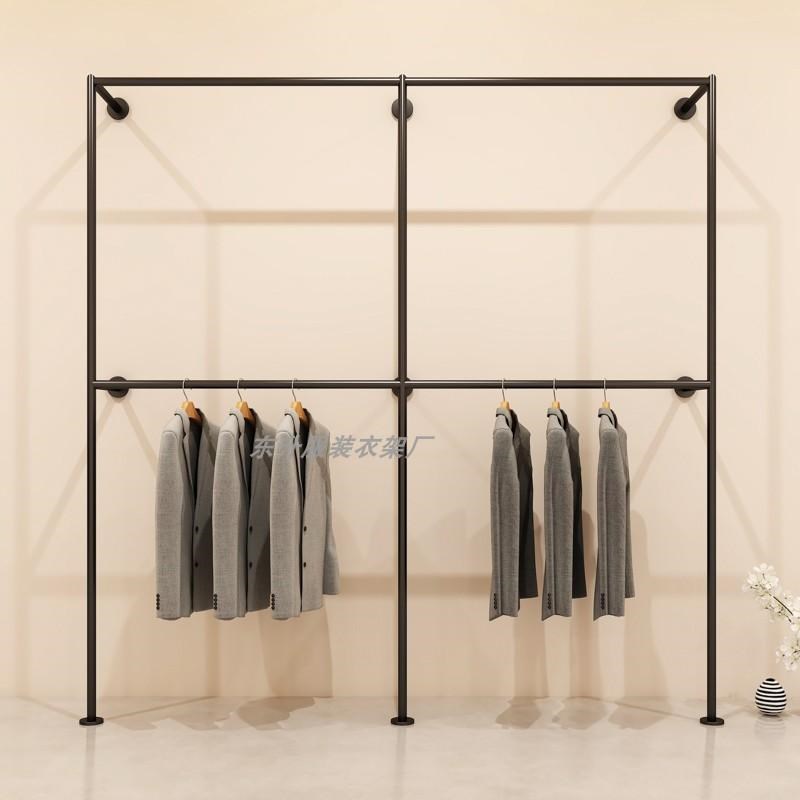 服装店展示架上墙双层挂衣服架子婚纱店西服裤子黑色加粗陈列货架