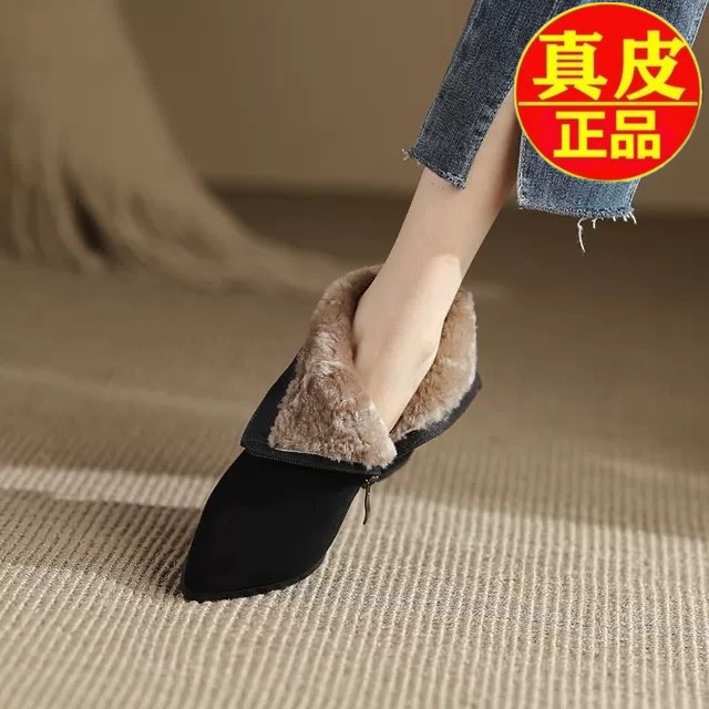 巨暖~加厚羊毛!粗跟p短靴女冬季加绒磨砂真皮高跟棉鞋大棉雪地靴