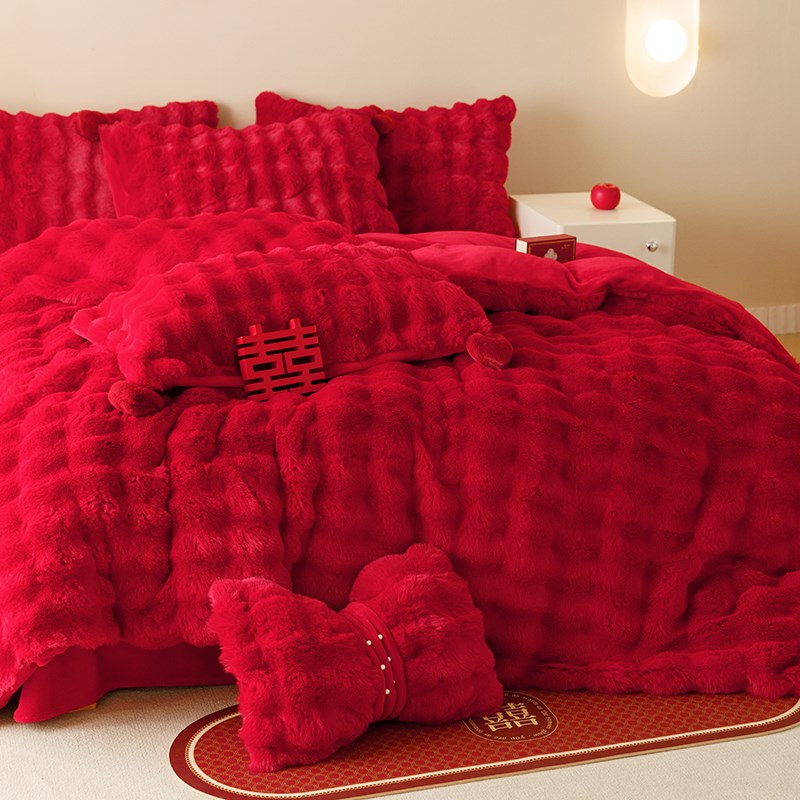 大红色高端牛奶绒四件套兔兔绒加绒加厚被套M床单结婚陪嫁床上用