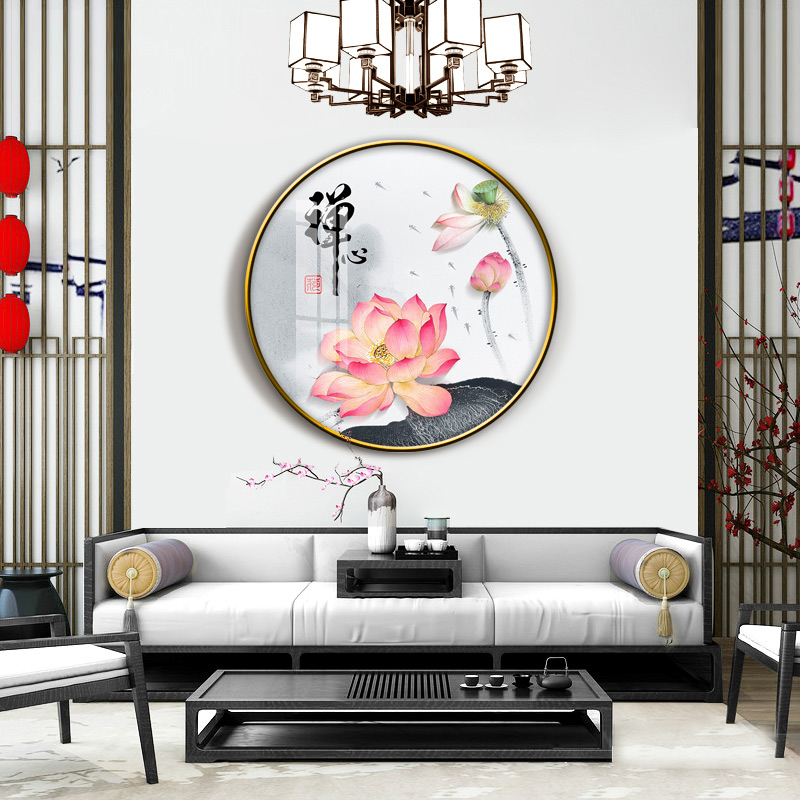 荷花图圆形挂画客厅沙发背景墙壁画新中式入户正对门玄关装饰画图片
