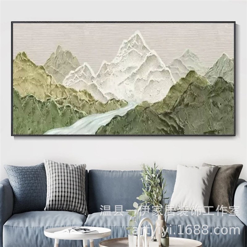 纯手绘厚肌理砂岩沙发背景墙挂画背靠大山立体浮雕油画装饰画图片