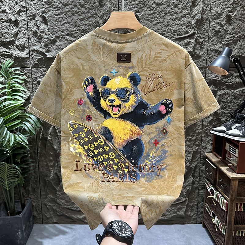 棉质潮牌熊猫冲浪老花刺绣枫叶满印短袖t恤男夏宽松休闲 半袖透气