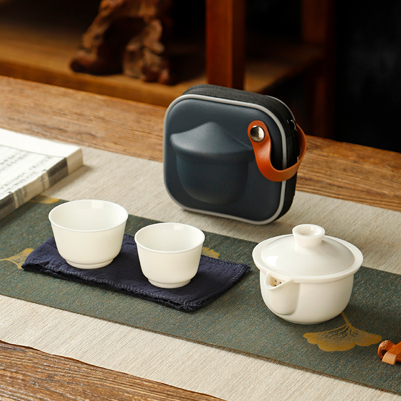 羊脂玉瓷便携式快客杯一壶二杯旅行茶具套装收纳包功夫泡茶壶茶杯