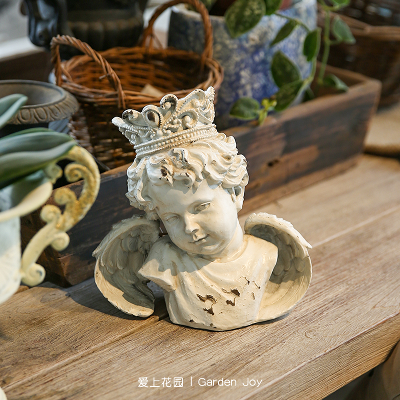 爱上花园丨欧式复古 园艺庭院摆件装饰 白色做旧带皇冠的小天使男