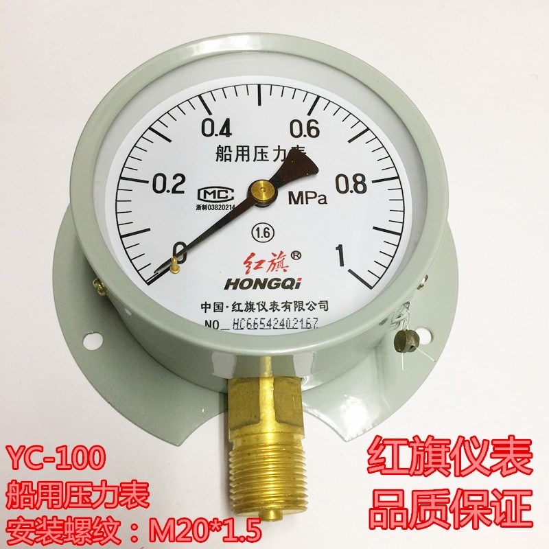 厂家直销红旗仪表YC100T船用径向带边压力表油压气压负真空16mpa