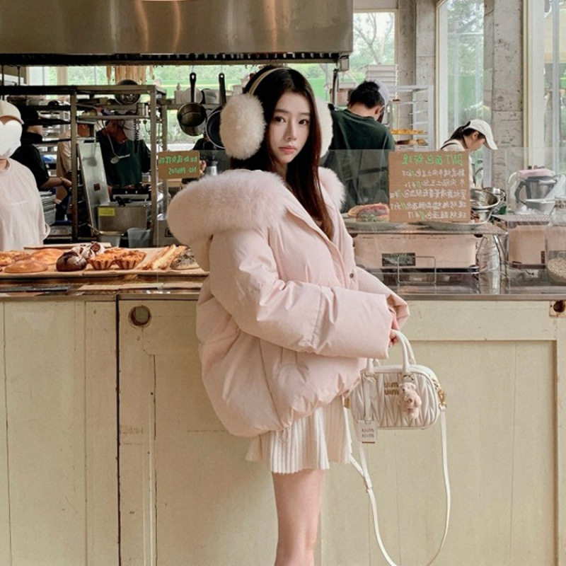 甜甜妹宝粉色狐狸大毛领羽绒服女连帽短款夹棉立领保暖白鸭绒外套,女装/女士精品,羽绒服,淘宝优惠券,粉丝福利购,淘宝优惠卷