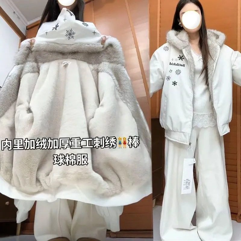 美式高街雪花刺绣加绒加厚毛领连帽座山雕棉服女冬季保暖宽松外套