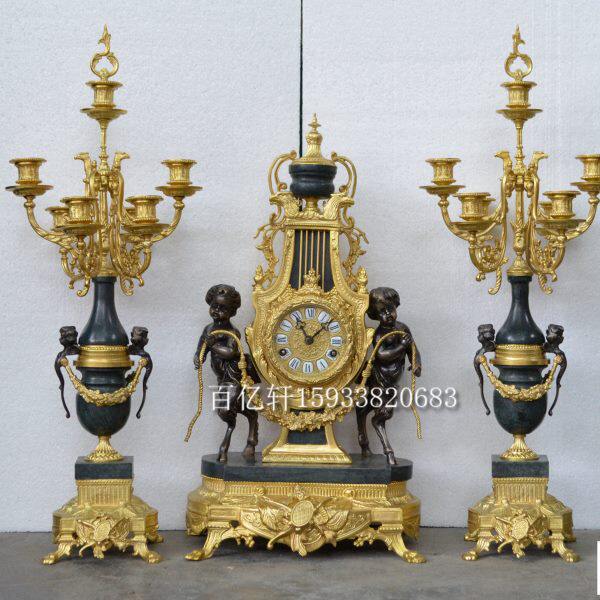 钟表铸铜西洋金色座钟复古机械报时壁炉烛台整体摆钟欧式家居条案
