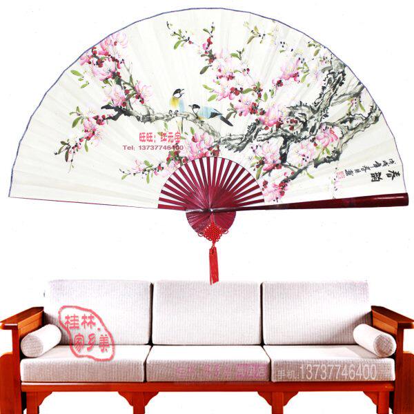 超大挂扇中式花鸟画扇背景墙挂扇子壁挂扇工艺扇桃花喜鹊明清古风