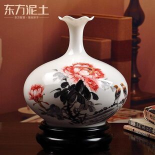 写意牡丹 饰品 东方泥土中式 古典客厅花瓶摆件创意家居客厅插花装