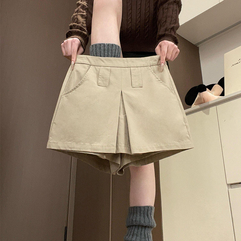 卡其色假两件短裤女春秋2026新款高腰a字显瘦小个子美式工装裙裤