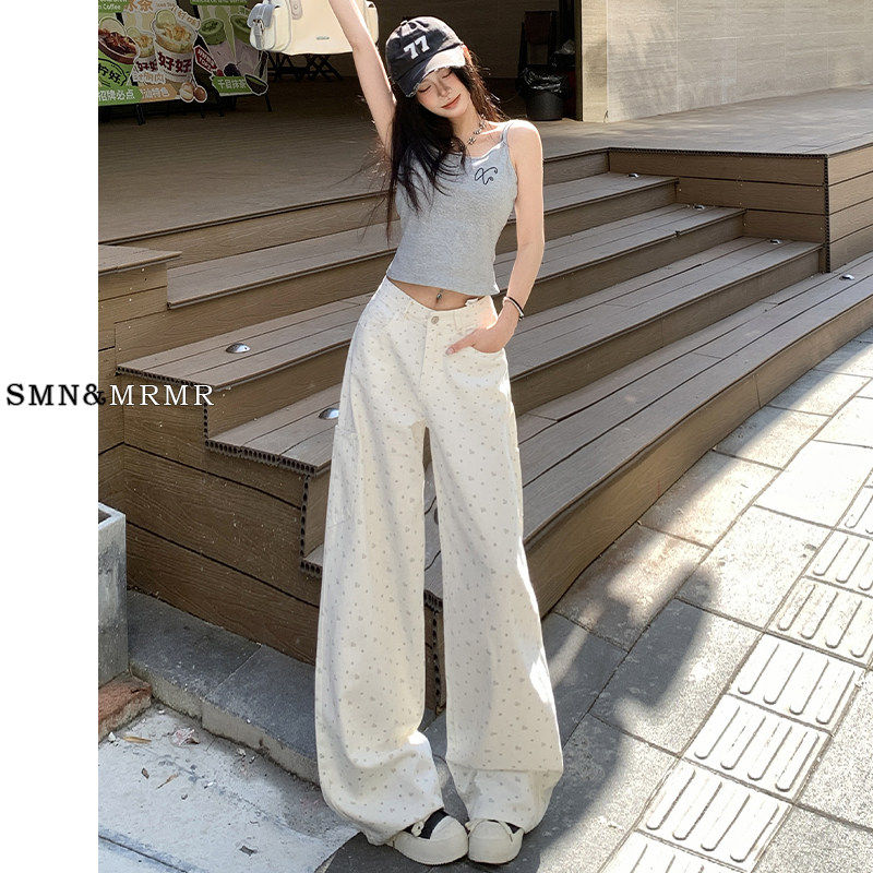 美式白色碎花阔腿牛仔裤女2026春季新款宽松休闲百搭直筒工装裤子