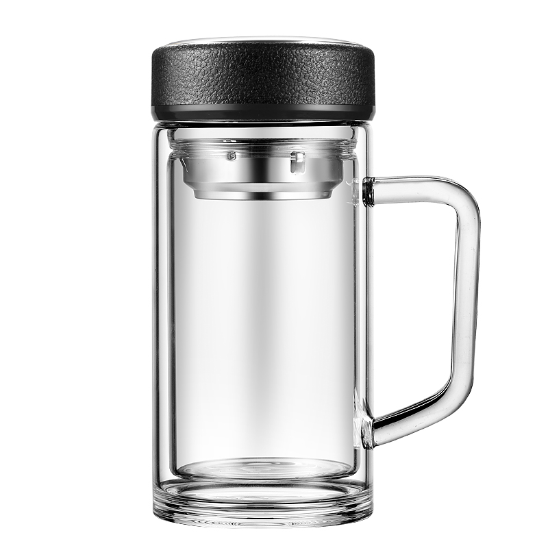 双层手柄玻璃杯带把办公r杯家用喝水杯男大容量泡茶杯带盖过滤杯