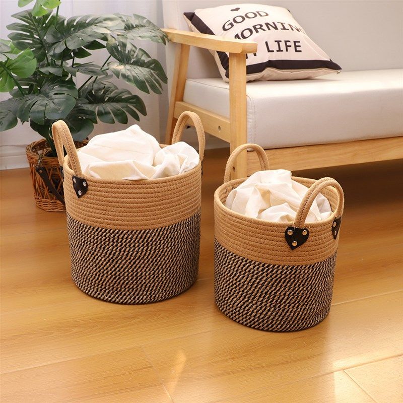 一物一家带把手衣服玩具收纳置物篮棉绳编织收纳筐黄麻折叠脏衣篮