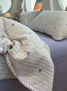 A类母婴级紫色爱心条纹双层纱纯棉四件套1.5m1.8少女全棉床单被套