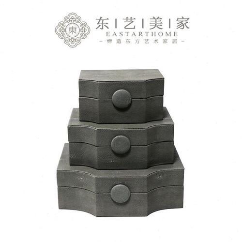 新中式魔鬼鱼纹贴皮木质首饰盒创意酒店卧室梳妆柜软装饰品摆件设