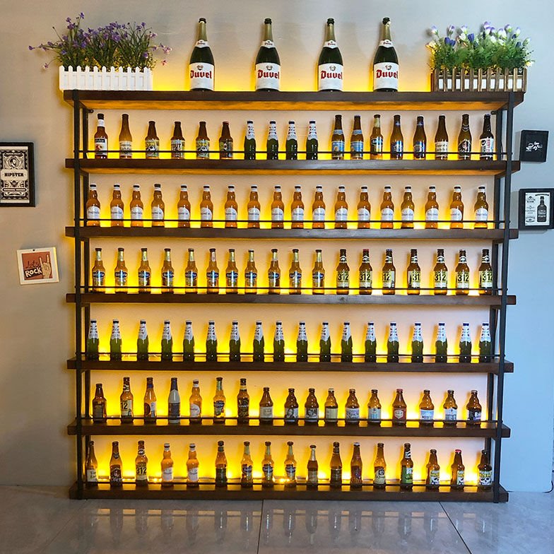 酒吧墙上铁艺隔断酒架装饰吧台壁挂实木发光红酒啤酒置物展示架柜