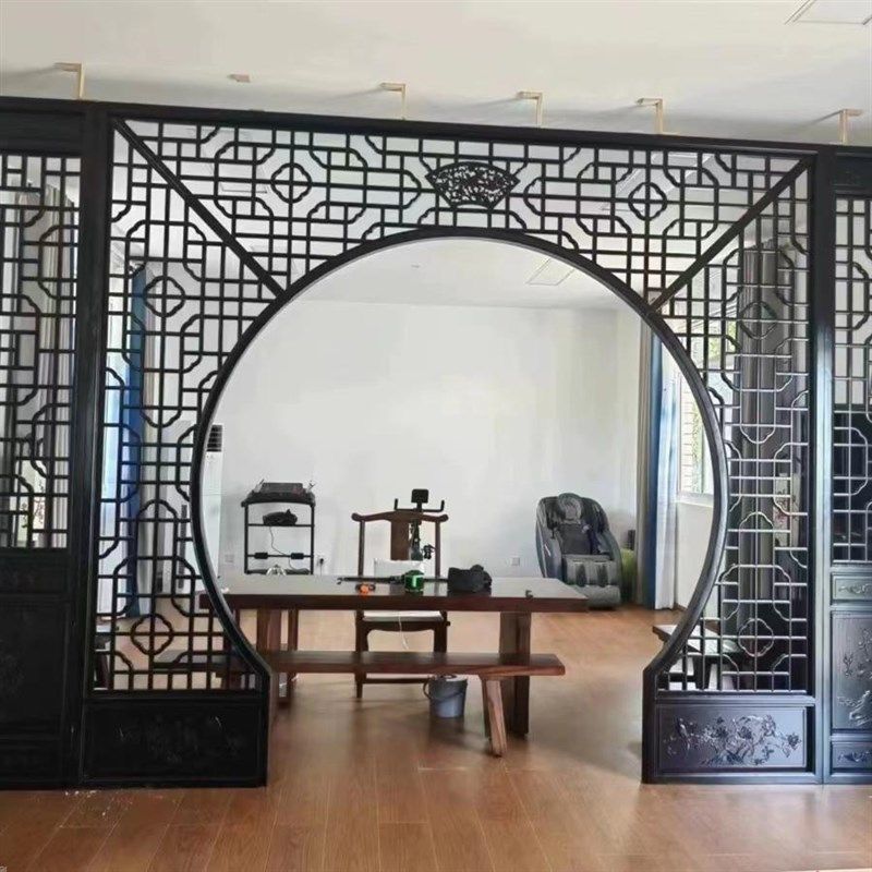 木雕实木仿古客厅新中式装修月洞门隔断月亮门博古架圆拱门中医馆
