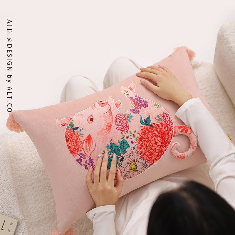 粉色高端抱枕套不含芯沙发客厅长方形猪猪腰枕床头飘窗靠背靠枕头