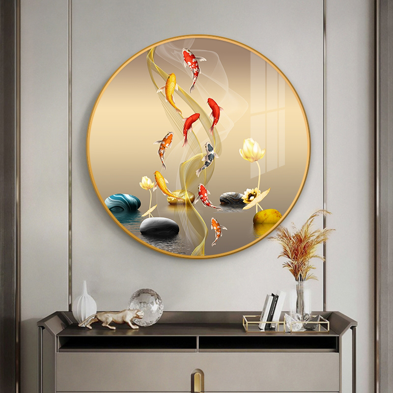 九鱼图入户正对门玄关装饰画走廊过道圆形挂画新中式餐客厅墙壁画图片