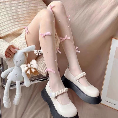 甜美少女蝴蝶结丝袜lolita珍珠连
