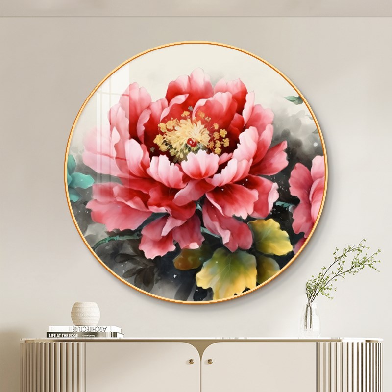 入户玄关牡丹花挂画正对门圆形装饰画走廊过道新中式花开富贵壁画图片