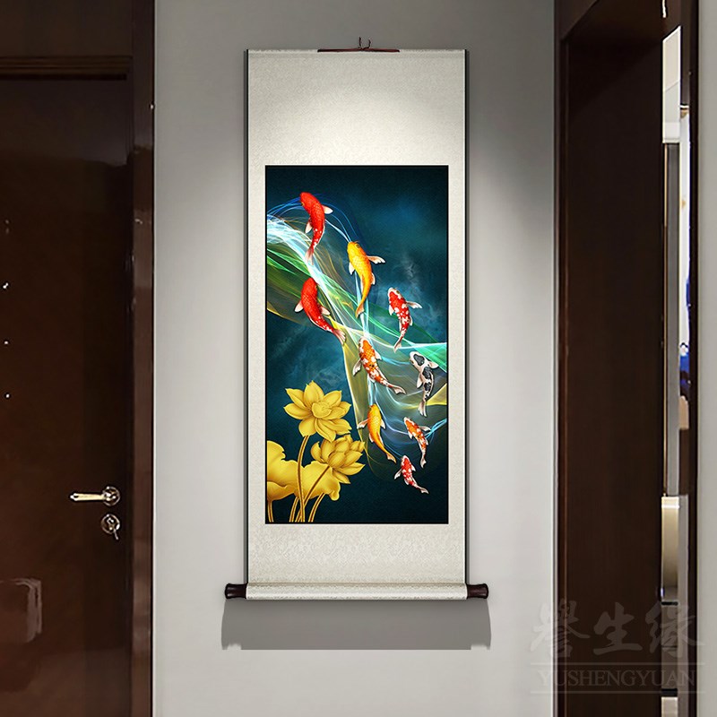 九鱼图卷轴挂画竖版新中式玄关走廊过道装饰画酒店餐厅书房墙壁画图片