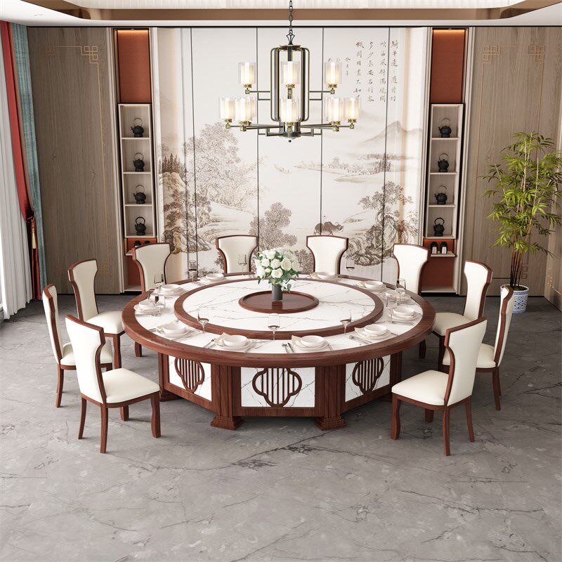 酒店电动餐桌大圆桌15人20人会所包厢新中式实木岩板桌椅组合定制