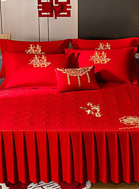 大红色结婚庆床裙床单床笠三件套床罩单件夹棉包床垫套四季通用