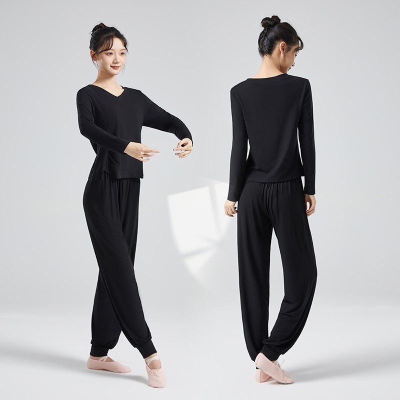 秋冬V领黑色舞蹈练功服女现代舞服装显瘦中国舞形体服跳舞灯笼裤,运动/瑜伽/健身/球迷用品,现代舞服装,淘宝优惠券,粉丝福利购,淘宝优惠卷