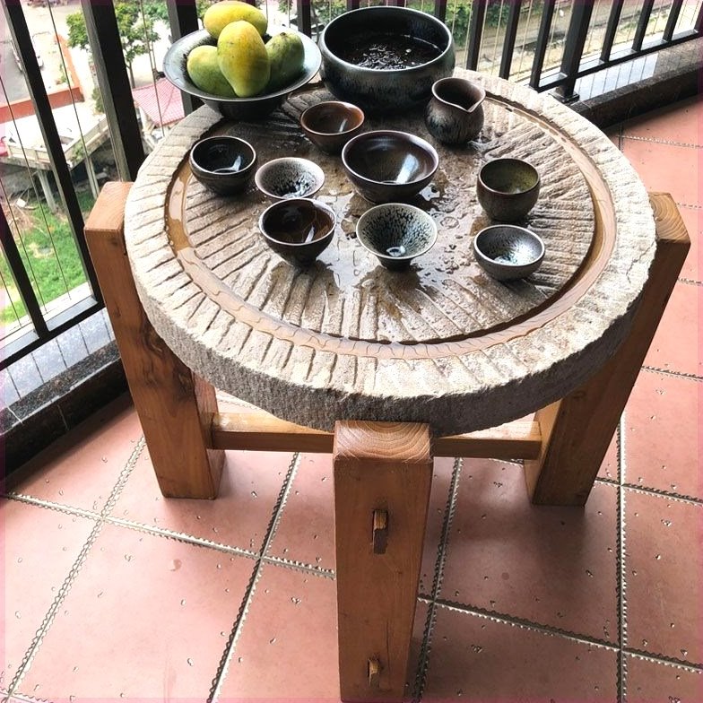 石磨茶盘围炉煮茶茶台桌子老磨盘旧石器茶托茶具木架磨片石桌石凳