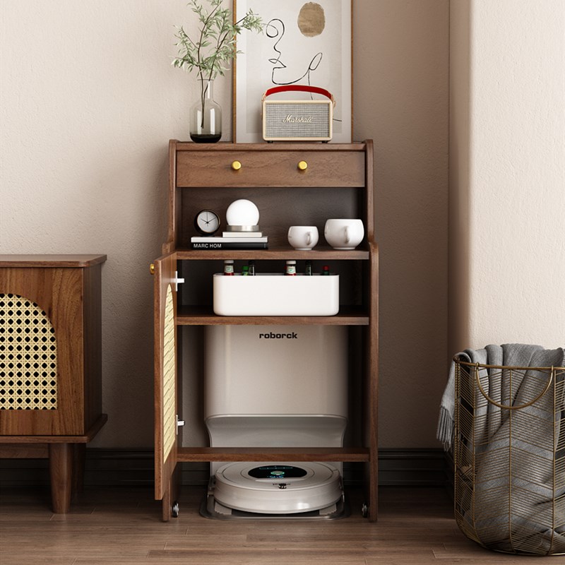 实木藤编扫地机器人收纳柜x家用沙发边柜云鲸伴侣扫拖置物架