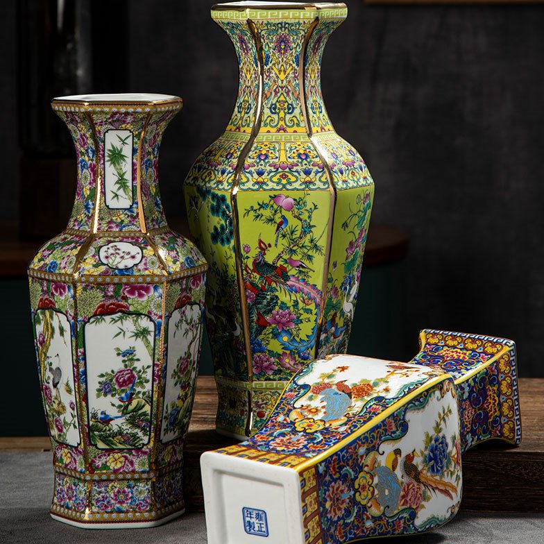 仿古珐琅彩描金花鸟四方瓶家居客厅摆件仿古瓷器陶瓷饰品摆件花瓶
