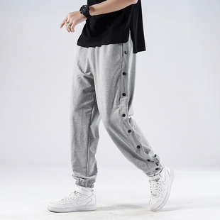 排扣裤男生秋冬全开秒脱运动裤宽松棉质束脚卫裤青少年休闲长裤子