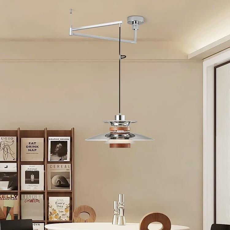 中古风餐厅吊灯ph5飞碟护眼复古胡桃木纹色可位移摇臂餐桌饭厅灯