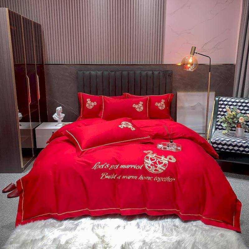 结婚四件套简约全棉床上用品纯棉80支婚庆被套床笠款长绒棉大红色
