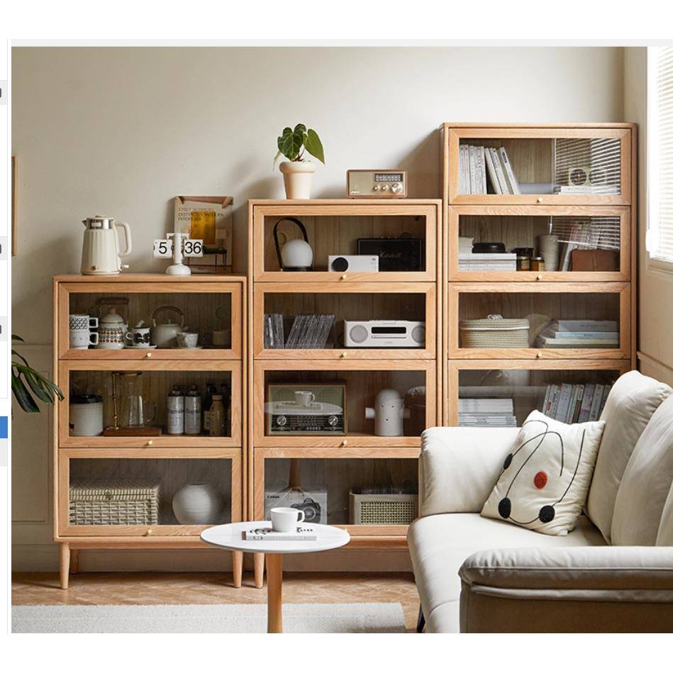 ll直销实木书柜简约橡木家用多层翻门餐边柜小户型收纳玻璃柜