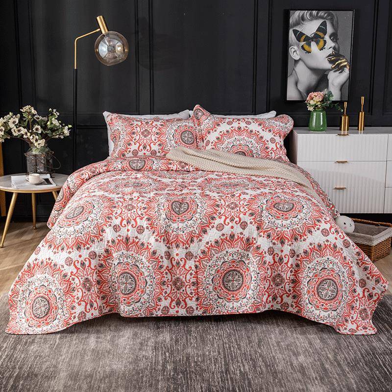 印花绗缝被棉质三件套60支精梳高密长绒棉床上用品水洗棉床盖