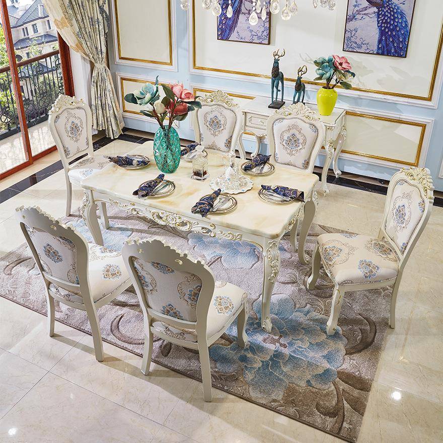 优涵欧式餐桌椅组合简欧大理石全实木餐厅家具茶几套装饭桌子