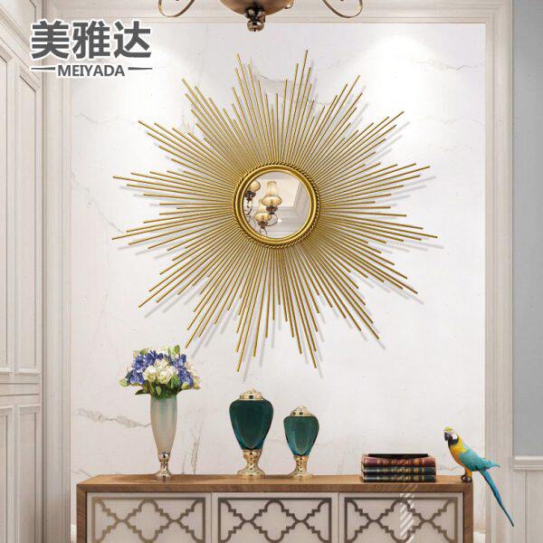现代简约太阳装饰镜背景墙面镜子客厅玄关立体壁饰创意铁艺挂件