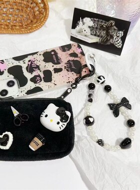 新款日系可爱卡通KT黑色毛绒方形零钱包卡包亚克力串珠挂绳手机链