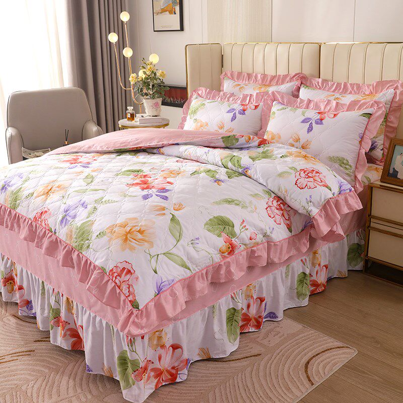新款全套夹棉加厚床裙款四件套全棉床罩花边被套女床单带裙边