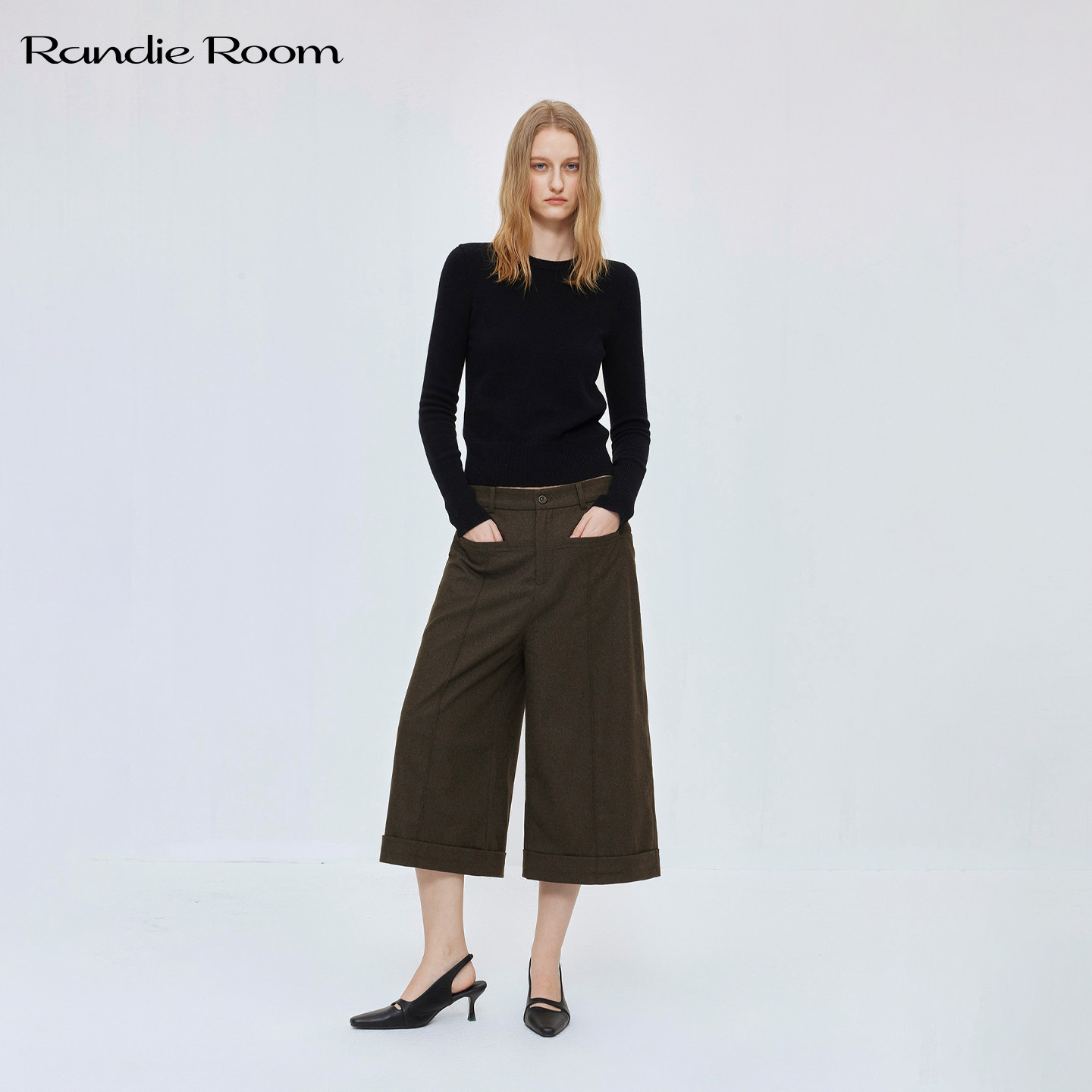 RandieRoom C1 深咖羊毛混纺毛呢七分中裤直筒阔腿裤女秋冬