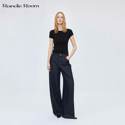 RandieRoom 9007 深蓝原牛高腰牛仔弯刀裤极简复古直筒阔腿牛仔裤