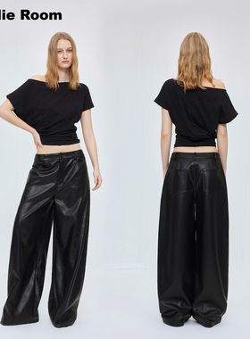 RandieRoom 黑色极简阔腿裤廓形皮裤宽松直筒长裤外穿女2026新款