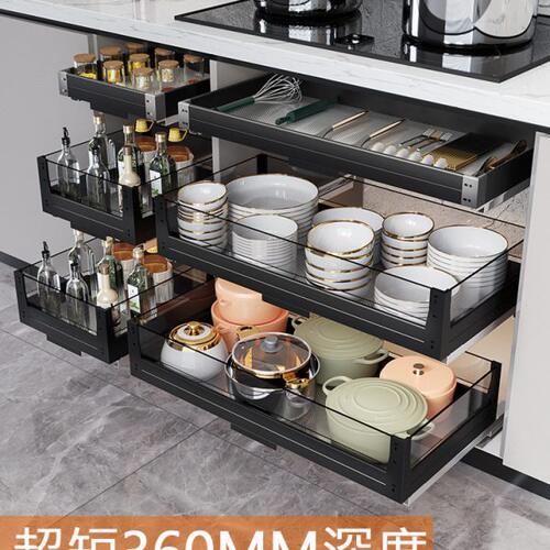 铂洛格厨房调味料拉篮橱柜双三层36深度浅柜抽屉式碗碟架置物锅架