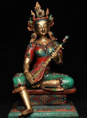 纯铜彩绘妙音天女铜像摆件尼泊尔手工镶嵌宝石妙音观音妙音天母