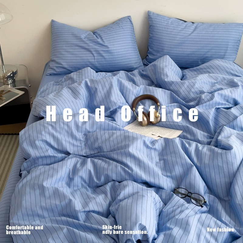 is雾霾蓝色条纹全棉四件套床单床上用品O被罩被套床单床笠款