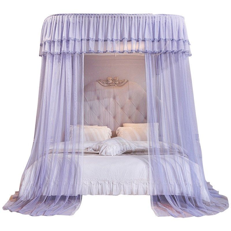 2024奶油风型导轨双层花边落地导轨J蚊帐紫色三开门公主风加高
