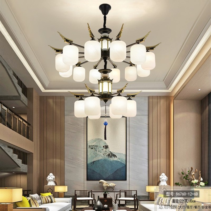 别墅大灯新中式复式楼大吊灯三层客厅中国风挑空跃U层楼中楼长吊